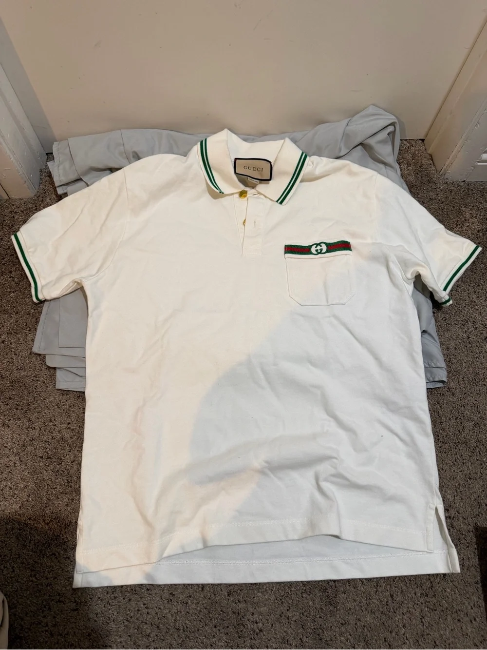 Gucci White Polo with Green Stripe Trim and Chest Web